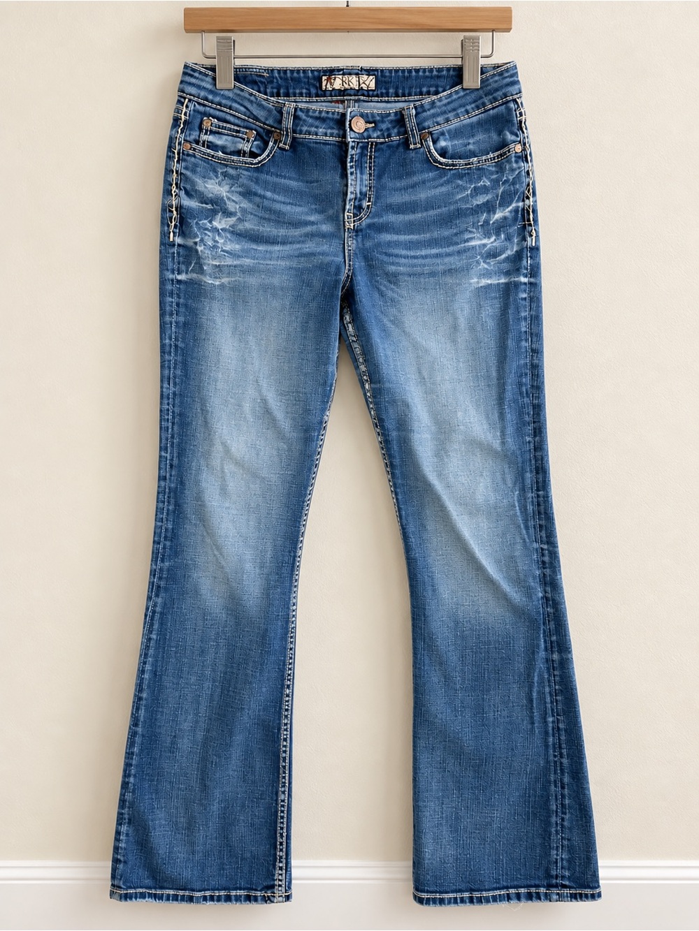 BKE Women's Medium Blue Flare Jeans with Whiskering